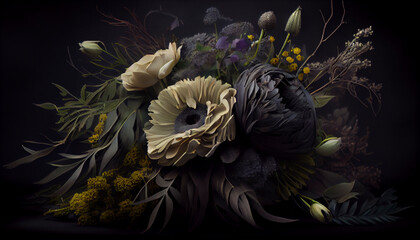 Mourning flowers on a dark background in the form of a bouquet for condolences, generated by ai