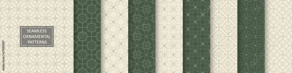 Wall mural collection of seamless ornamental luxury patterns. elegant beige and green geometric oriental backgr - Wall murals