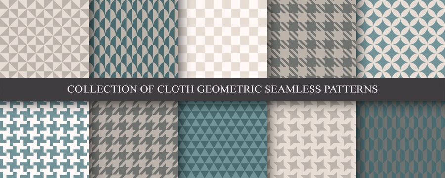 Collection of vector color seamless geometric patterns - vintage design. Trendy cloth endless prints. Repeatable fabric textures. Unusual simple textile backgrounds.
