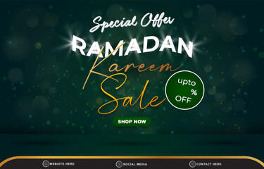 Fototapeta na wymiar special offer ramadan sale discount template banner with copy space for product sale with abstract gradient dark green background design