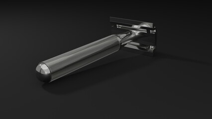 Silver T-shaped shaving razor isolated on black surface. Barber concept. 3D render