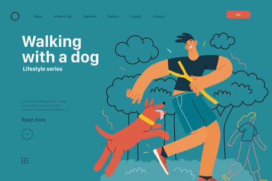 Lifestyle web template - Walking with a dog - modern flat vector illustration of a young man and a dog playing outside. People activities concept