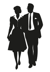 Walking couple silhouettes wearing retro style clothes, isolated on white background