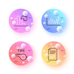 Line graph, Tutorials and Decreasing graph minimal line icons. 3d spheres or balls buttons. Handout icons. For web, application, printing. Market diagram, Quick tips, Column chart. Vector