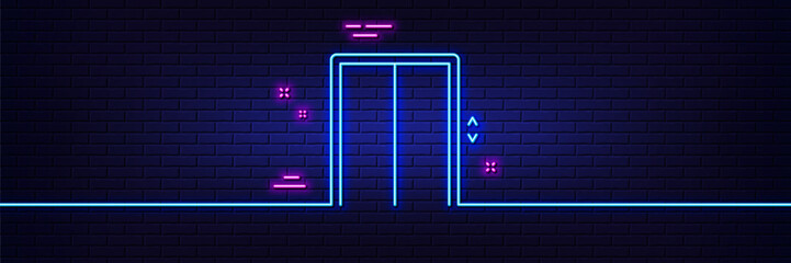 Neon light glow effect. Lift line icon. Elevator sign. Transportation between floors symbol. 3d line neon glow icon. Brick wall banner. Lift outline. Vector © blankstock