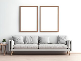 Two blank picture frame mockup on white wall, stylish modern living room design, view of modern scandinavian style interior with sofa. Vertical templates for artwork, painting, photo or poster