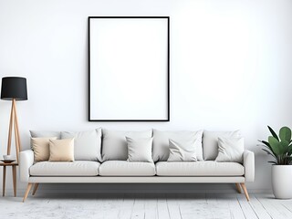 Blank picture frame mockup on whit wall, stylish modern living room design, view of modern scandinavian style interior with sofa. Vertical templates for artwork, painting, photo or poster