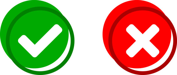 Yes and No or Right and Wrong or Approved and Declined Icons with Check Mark and X Signs in Green and Red Circles. Vector Image.