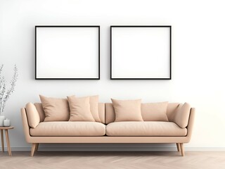 Two blank picture frame mockup on white wall, stylish modern living room design, view of modern scandinavian style interior with sofa. Vertical templates for artwork, painting, photo or poster