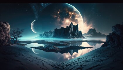landscape with moon and stars space futuristic galaxy generative AI