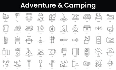 Set of outline adventure and camping icons. Minimalist thin linear web icon set. vector illustration.