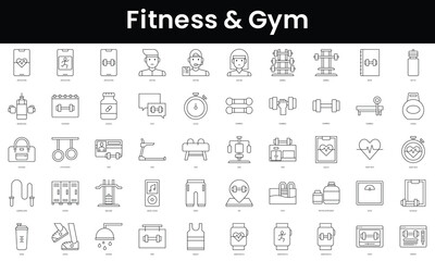Set of outline fitness and gym icons. Minimalist thin linear web icon set. vector illustration.