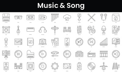 Fototapeta na wymiar Set of outline music and song icons. Minimalist thin linear web icon set. vector illustration.