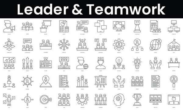 Set of outline leader and teamwork icons. Minimalist thin linear web icon set. vector illustration.