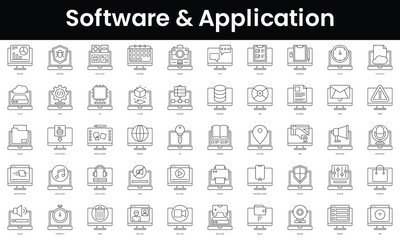 Set of outline software and application icons. Minimalist thin linear web icon set. vector illustration.
