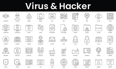 Fototapeta na wymiar Set of outline virus and hacker icons. Minimalist thin linear web icon set. vector illustration.