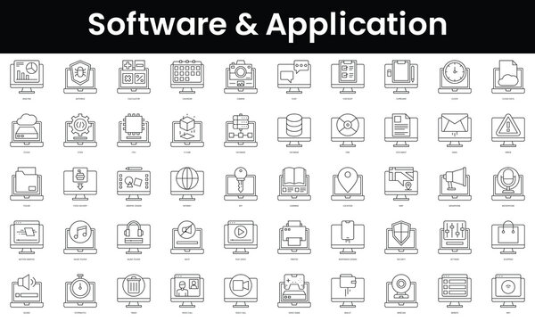 Set Of Outline Software And Application Icons. Minimalist Thin Linear Web Icon Set. Vector Illustration.