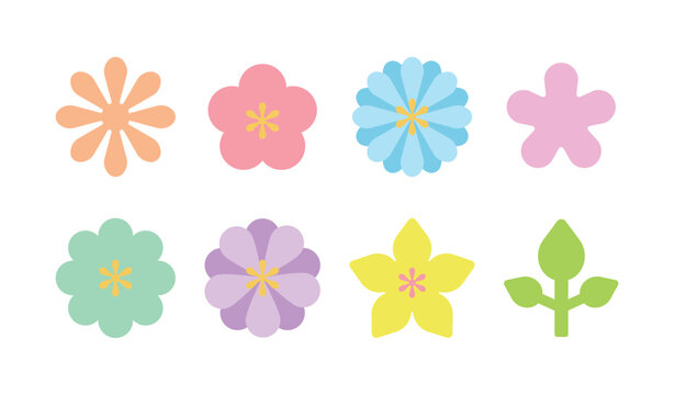 Set of colorful and different shapes of flowers and leaves icons for the spring season.