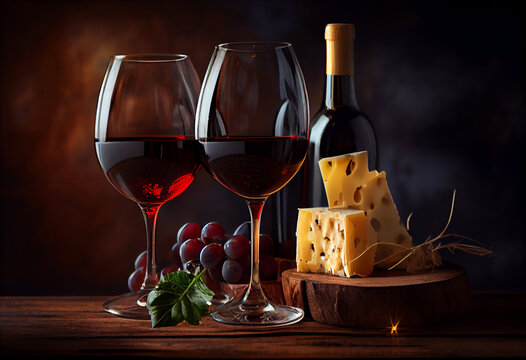 Cheese and wine on the table with cheese. black wooden table. AI Generated