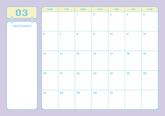 March 2023 simple design digital and printable calendar template illustration. Notes, scheduler, diary, calendar, memo, planner document template background. 
