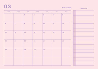 March 2023 simple design digital and printable calendar template illustration. Notes, scheduler, diary, calendar, memo, planner document template background. 