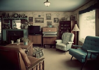 Vintage retro living room, Generative AI