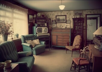 Fototapeta premium Vintage retro living room, Generative AI