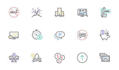 Seo, Money currency and Last minute line icons for website, printing. Collection of Fake internet, No smoking, Photo album icons. Swipe up, Buildings, Flood insurance web elements. Vector