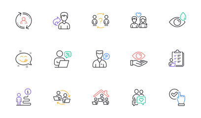 Dating chat, Checkbox and Work home line icons for website, printing. Collection of Couple love, Eye drops, Online discounts icons. Support, Delegate question, Yummy smile web elements. Vector