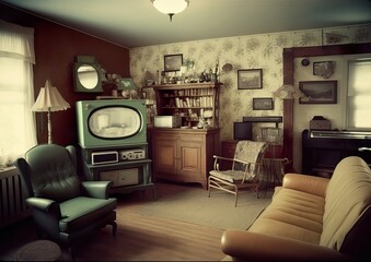 Vintage retro living room, Generative AI