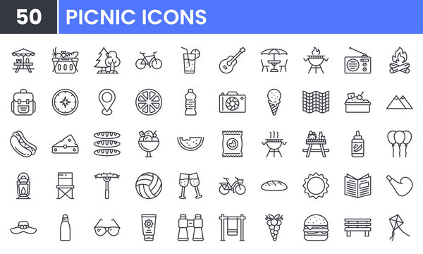 Summer Outdoor Recreation and Picnic vector line icon set. Contains linear outline icons like Campfire, Table, Camping, Grill, Food, Bbq, Hamburger, Blanket, Drink, Hiking. Editable use and stroke.