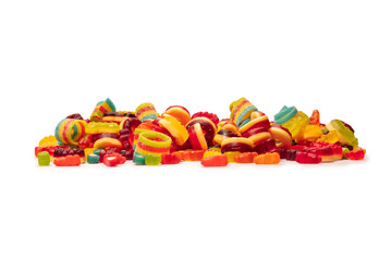 Assorted colorful gummy candies. Top view. Jelly donuts. Jelly bears. Isolated on a white background.