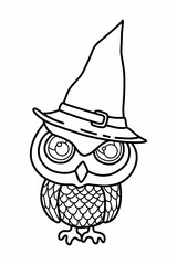 Illustration of owl with witch hat.