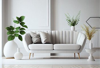 Scandi living room interior with grey, big sofa and flower in vase, AI Generated
