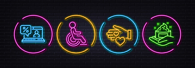 Volunteer, Online loan and Disability minimal line icons. Neon laser 3d lights. Skin care icons. For web, application, printing. Social care, Discount percent, Wheelchair user. Hand cream. Vector