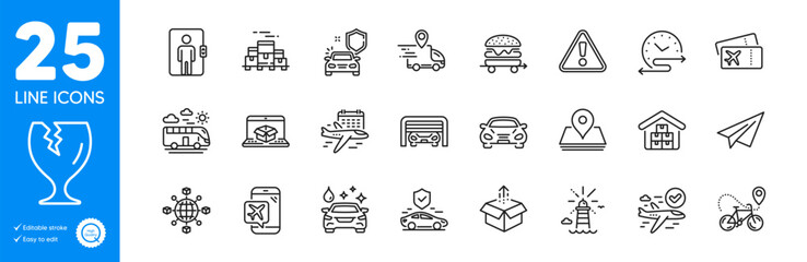 Outline icons set. Car secure, Delivery truck and Warning icons. Pin, Car wash, Elevator web elements. Paper plane, Time schedule, Boarding pass signs. Bike delivery, Send box. Vector - obrazy, fototapety, plakaty