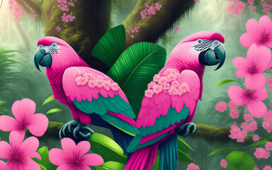 Two pink parrots on a tree with pink  orchid in the jungle.Generative Al Illustration.