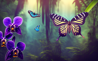 Beautiful butterflies and purple orchid   in the rainforest .Generative Al Illustration.