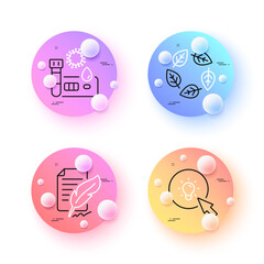 Feather signature, Covid test and Organic tested minimal line icons. 3d spheres or balls buttons. Energy icons. For web, application, printing. Feedback, Blood testing, Bio ingredients. Vector