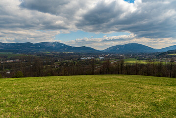 Moravskoslezske Beskydy mountains from hiking trail bellow Metylovicka hurka hill summiit in Czech republic