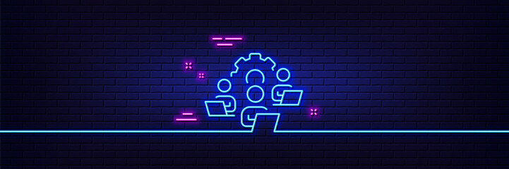 Neon light glow effect. Teamwork line icon. Remote office sign. Team employees symbol. 3d line neon glow icon. Brick wall banner. Teamwork outline. Vector