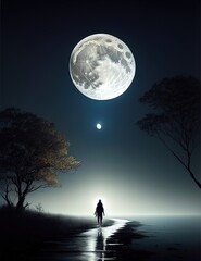 Naklejka na ściany i meble woman wolking towards the moon
