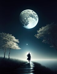 Naklejka na ściany i meble woman wolking towards the moon