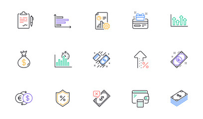Loan percent, Loyalty card and Increasing percent line icons for website, printing. Collection of Horizontal chart, Dollar, Clipboard icons. Wallet, Money exchange, Upper arrows web elements. Vector