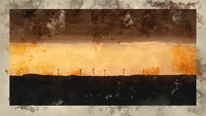 Digital watercolour painting of Atmospheric landscape sunrise image of wind turbines against deep orange sky
