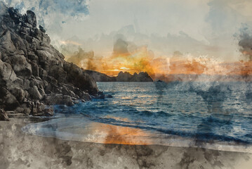 Digital watercolour painting of Majestic sunrise landscape at Porthcurno beach in Cornwall England with stunning colours and atmosphere