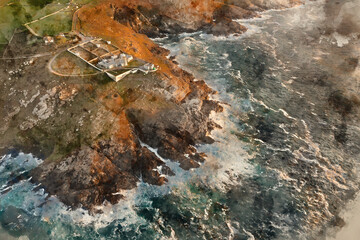 Digital watercolour painting of Stunning aerial drone landscape image of Pendeen Lighthouse in Cornwall at sunset with beautiful colors and sky