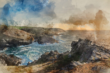 Digital watercolour painting of Stunning sunset landscape image of Cornwall cliff coastline with tin mines in background viewed from Pendeen Lighthouse headland
