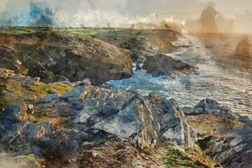 Digital watercolour painting of Stunning sunset landscape image of Cornwall cliff coastline with tin mines in background viewed from Pendeen Lighthouse headland