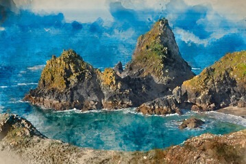 Fototapeta premium Digital watercolour painting of Beautiful dawn landscape over Kynance Cove in Corwnall England with vibrant sky and beautiful turquoise ocean